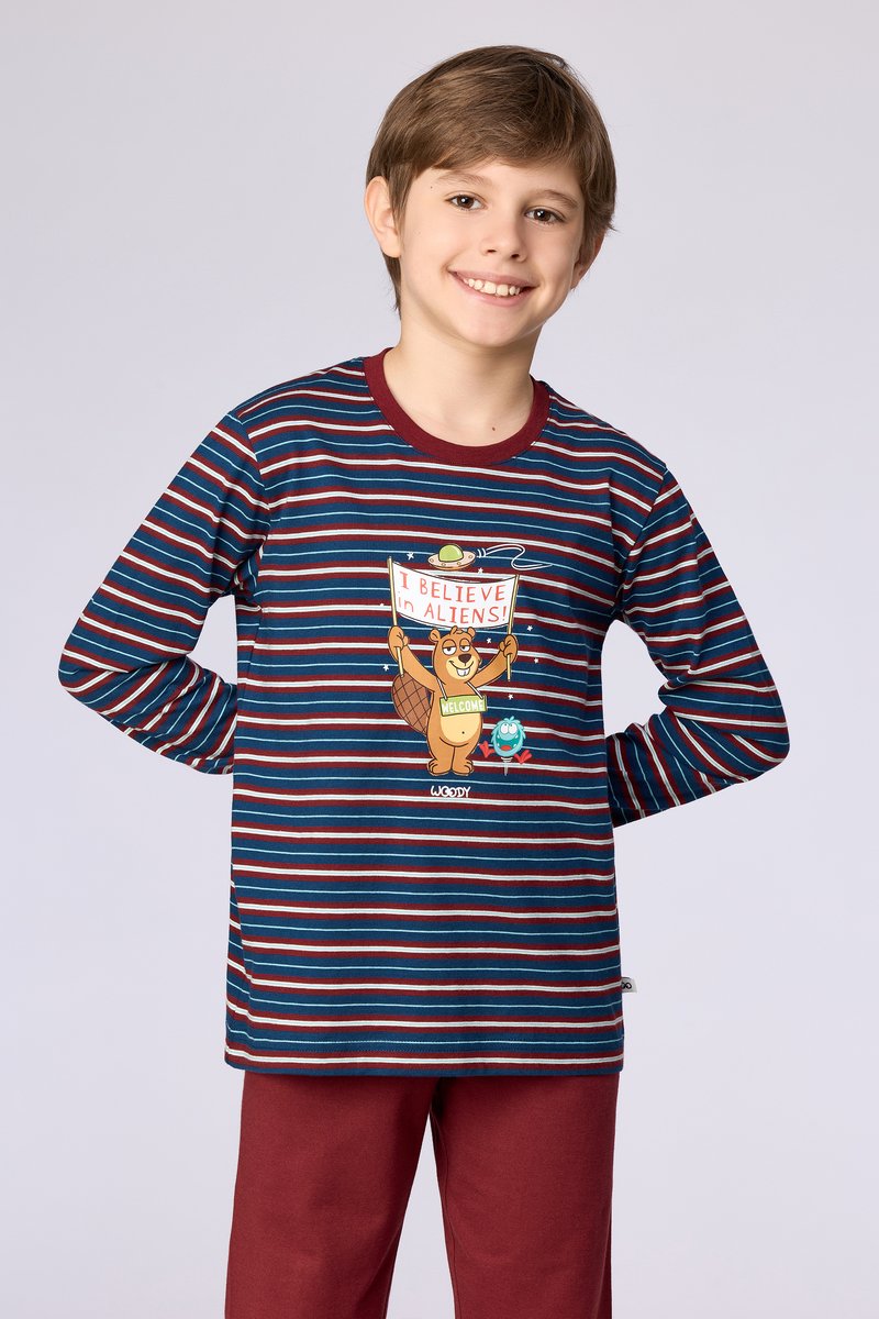 Woody pyjama jongens - streep - bordeaux - 262-10-PLC-S/903 - maat 176