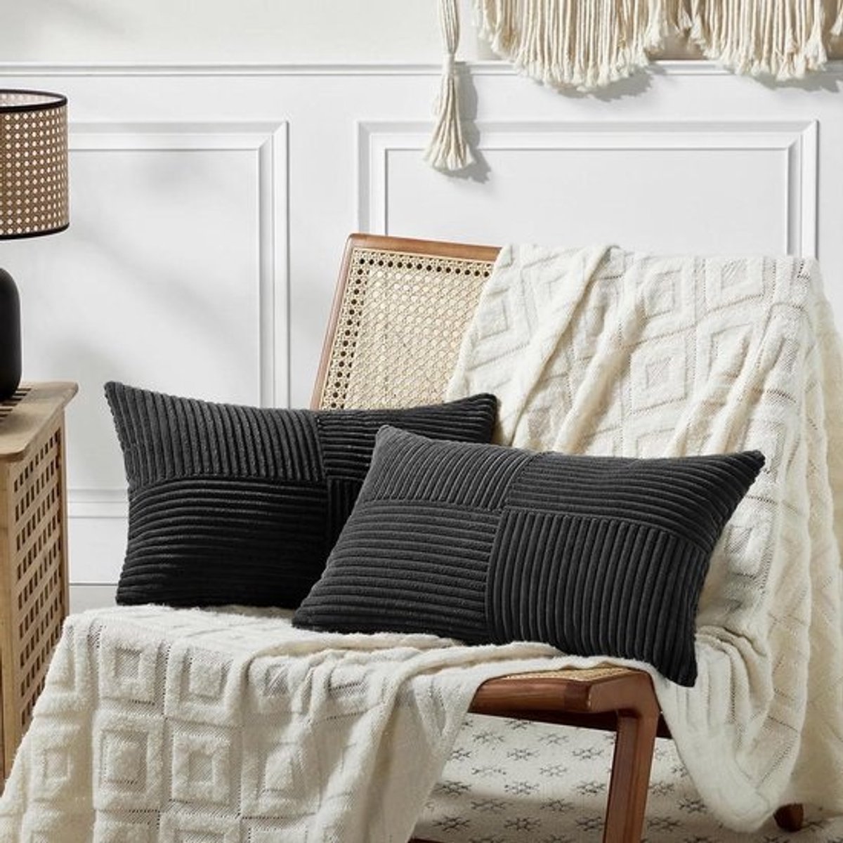 Kussenhoezen Set - Boho Sierkussens - Interieur Decoratie - Corduroy Kruispatroon - 40 x 80 cm - Zwart
