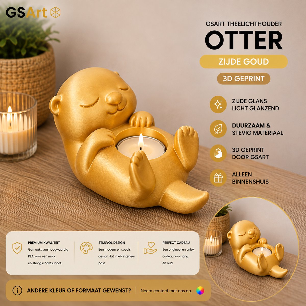 GSArt Theelichthouder Otter – Decoratieve Otter met LED Theelichtje – 3D Geprint - Zijde Goud