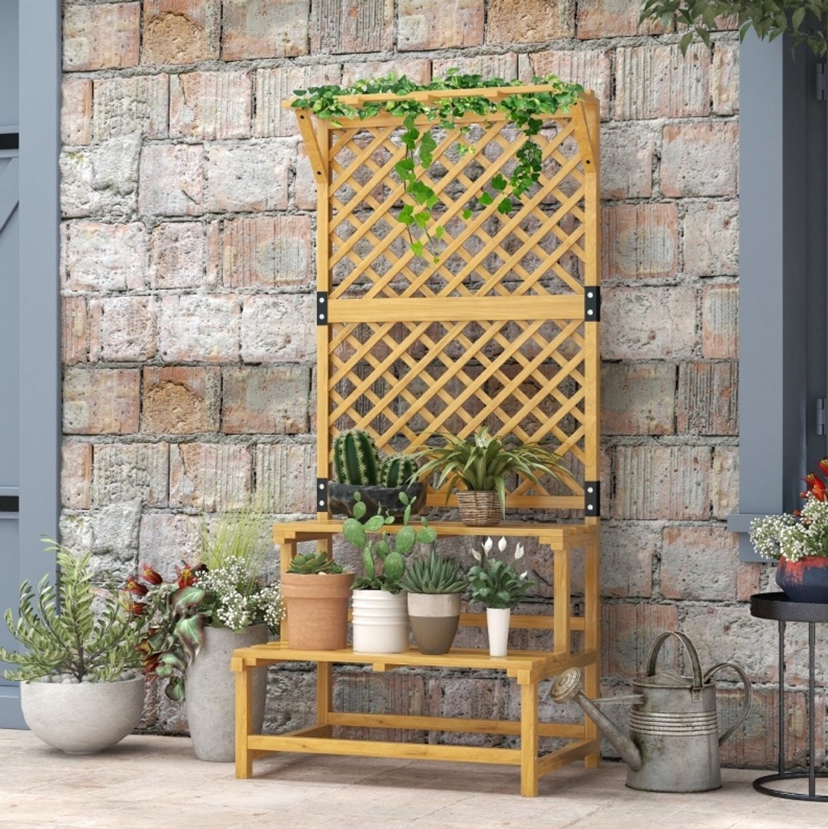 MODFU-Plantenrek-Met Trellis En Dak-Hout-Geel-75 X 50 X 166 Cm