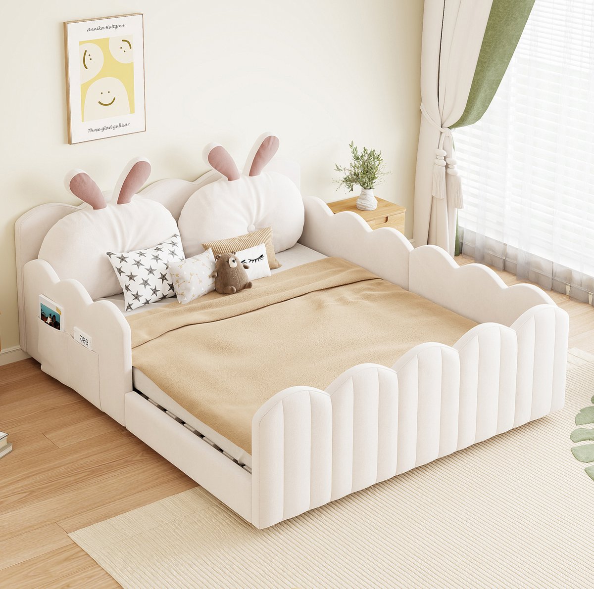 REDOM - Kinderbed - Gepolsterd platformbed met uitvalbeveiliging - Lattenbodem - Moderne stijl - Kinderkamer - MDF en Hout - Beige - 140 x 200 cm