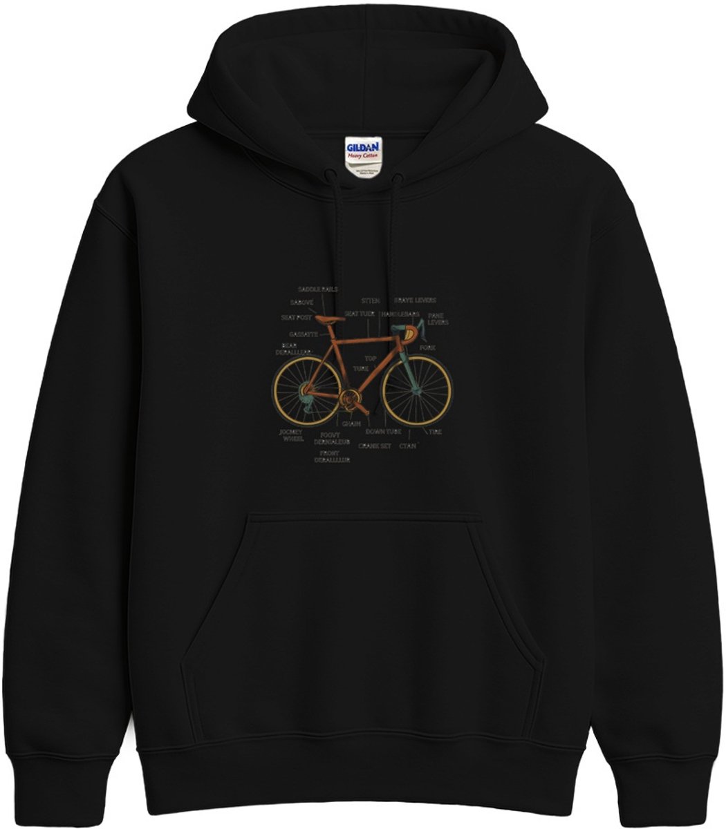 Fiets Hoodie – Technische Illustratie van Fietsonderdelen – Fiets Outfit – Unisex Hoodie voor Dames & Heren – Origineel Cadeau