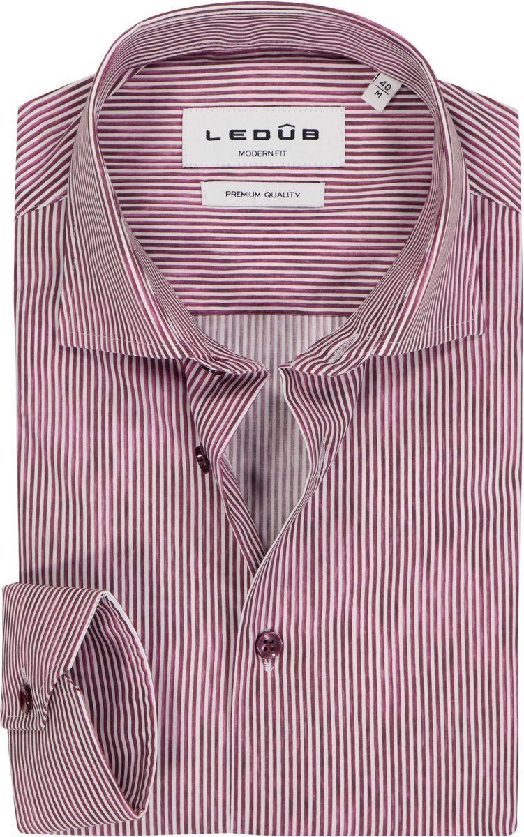 Ledub modern fit overhemd - popeline - donkerrood gestreept - Strijkvriendelijk - Boordmaat: 45 (EU maat: XXL)