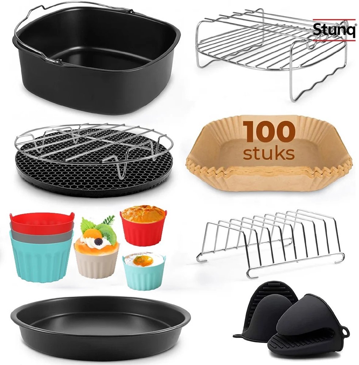 Stunq® Airfryer Accessoireset voor XL & XXL Luchtfriteuses - 100 Stuks Bakpapier, Siliconen Cupcakevormpjes, Grill- en Stoomrek, Pizzapan, Toastrek en Handschoenen