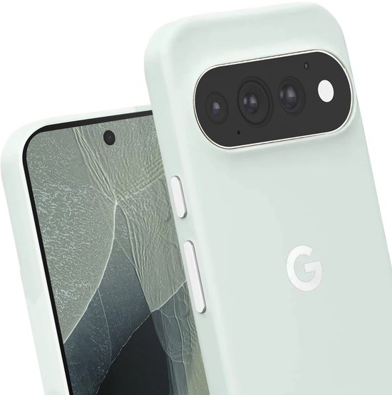 Lichtblauwe Pixel 7 Pro hoes, detail van camera-uitsparing en Google-logo.