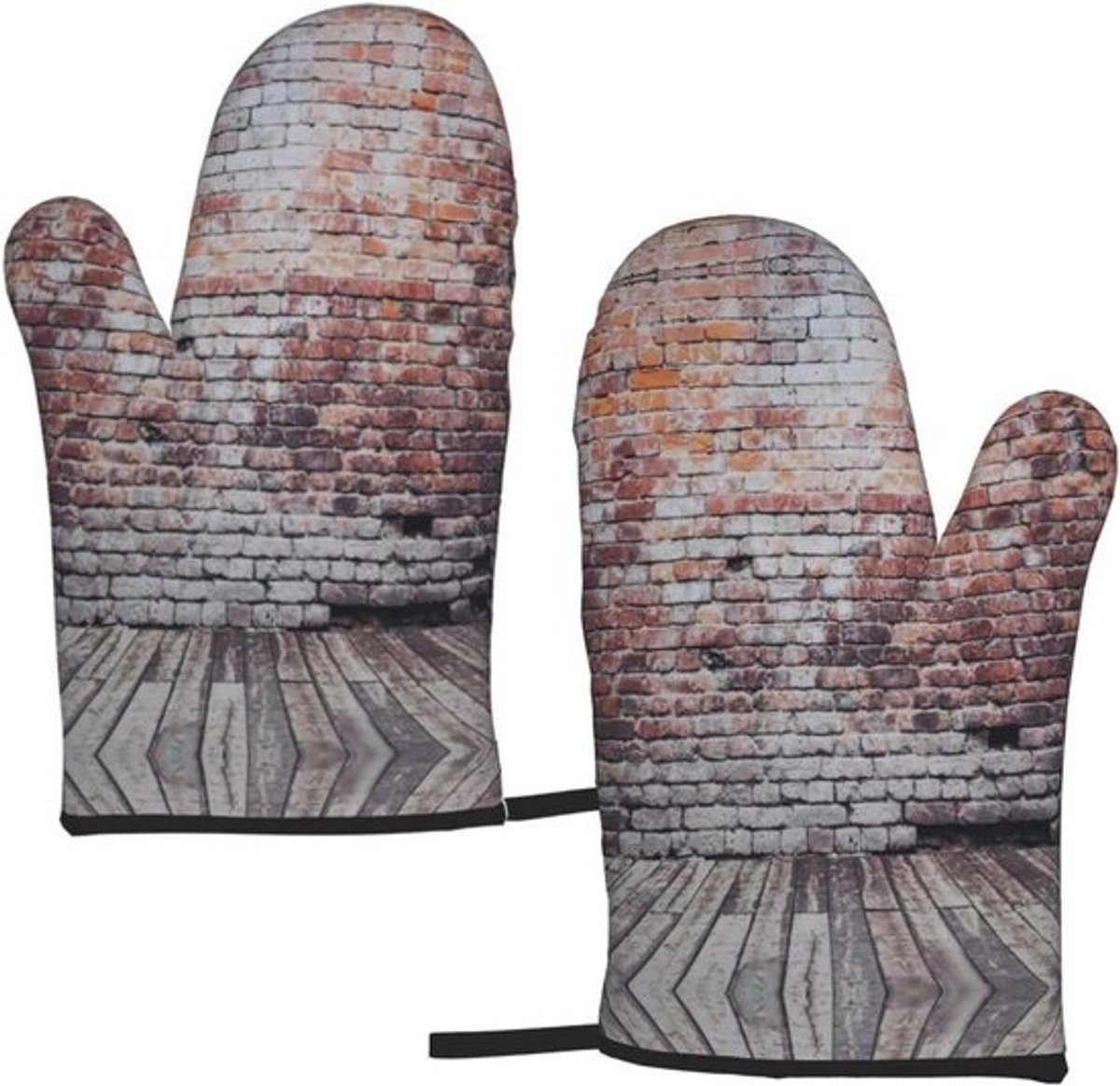 Ovenwanten - Barbecuehandschoenen Kookhandschoenen - Hittebescherming Keuken - Vintage Baksteenprint - Set van 2 - Zwart
