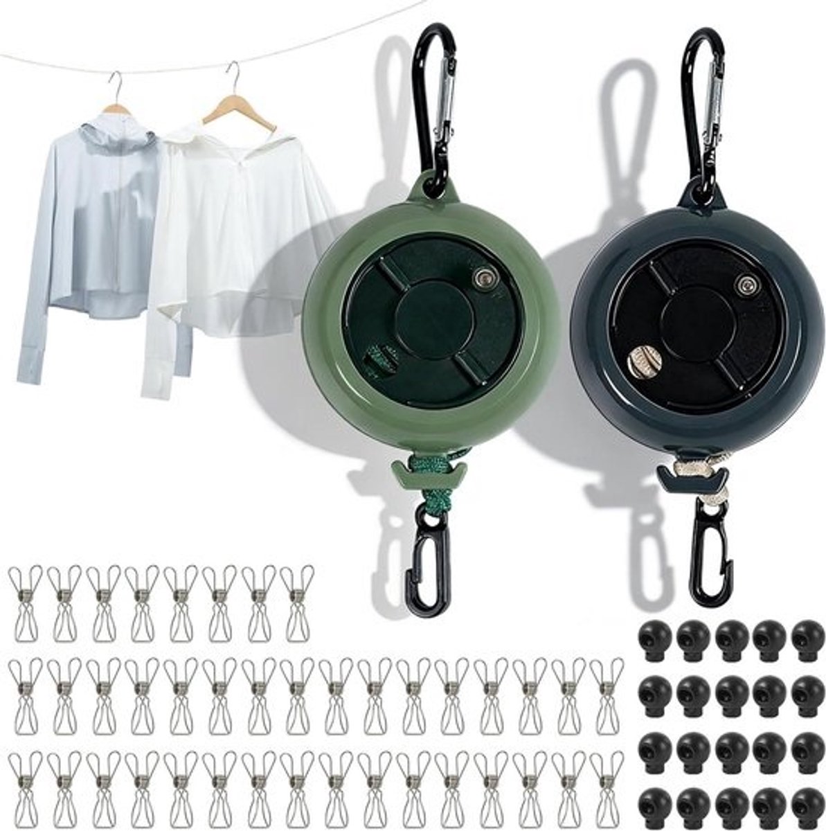 Waslijn uittrekbaar - Outdoor lijn - Reizen en kamperen - Handslinger spanner - 10 meter - Zwart groen