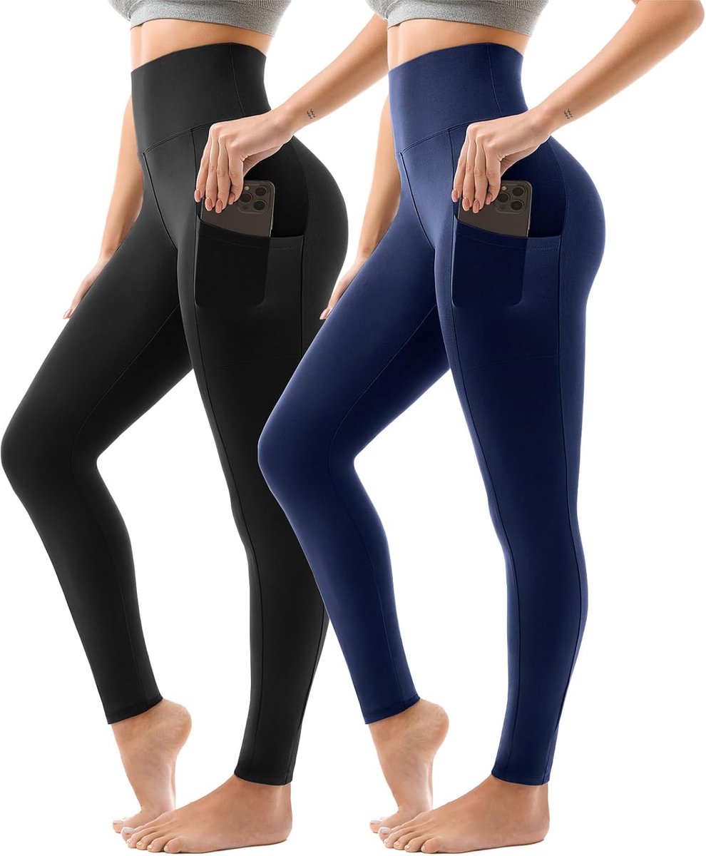 Sportlegging voor dames, hoge taille, sportbroek voor dames, lang met zakken, voor gym, yoga, verpakking van 2 stuks, SM, zwart/grijs