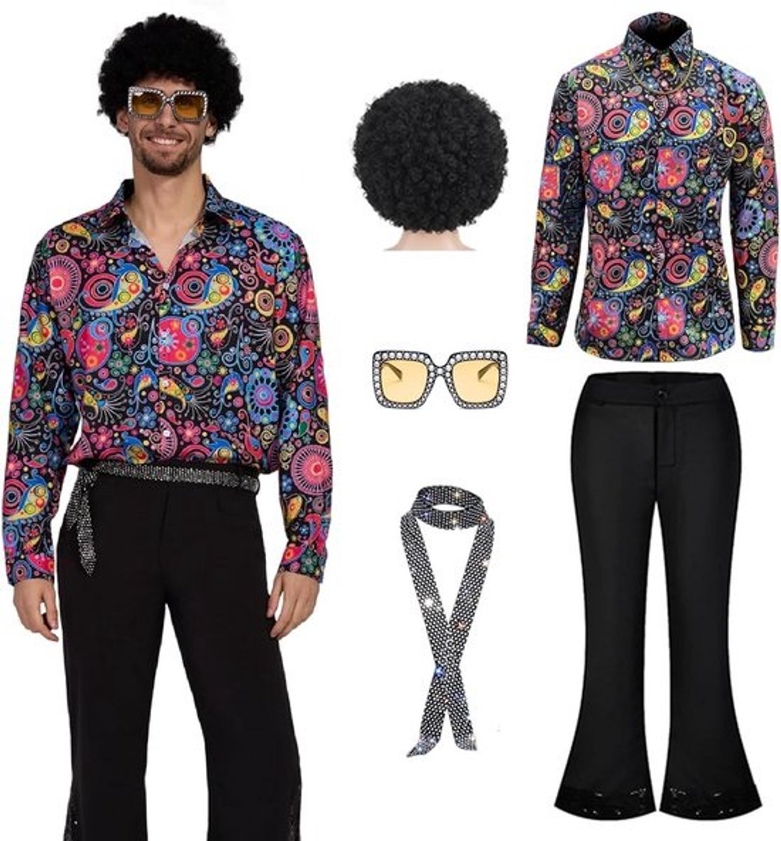 Jaren 70 Discokostuum Set Heren 5 Delig Glitterbroek en Overhemd