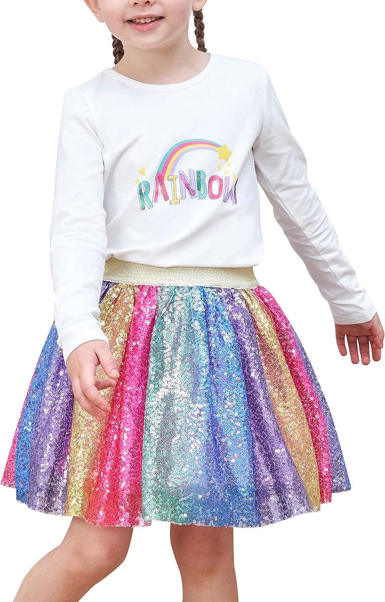 Rok Stel 2 stuks Lang Shirt Tutu Rok Regenboog Veelkleurig Pailletten 4-10 jaar