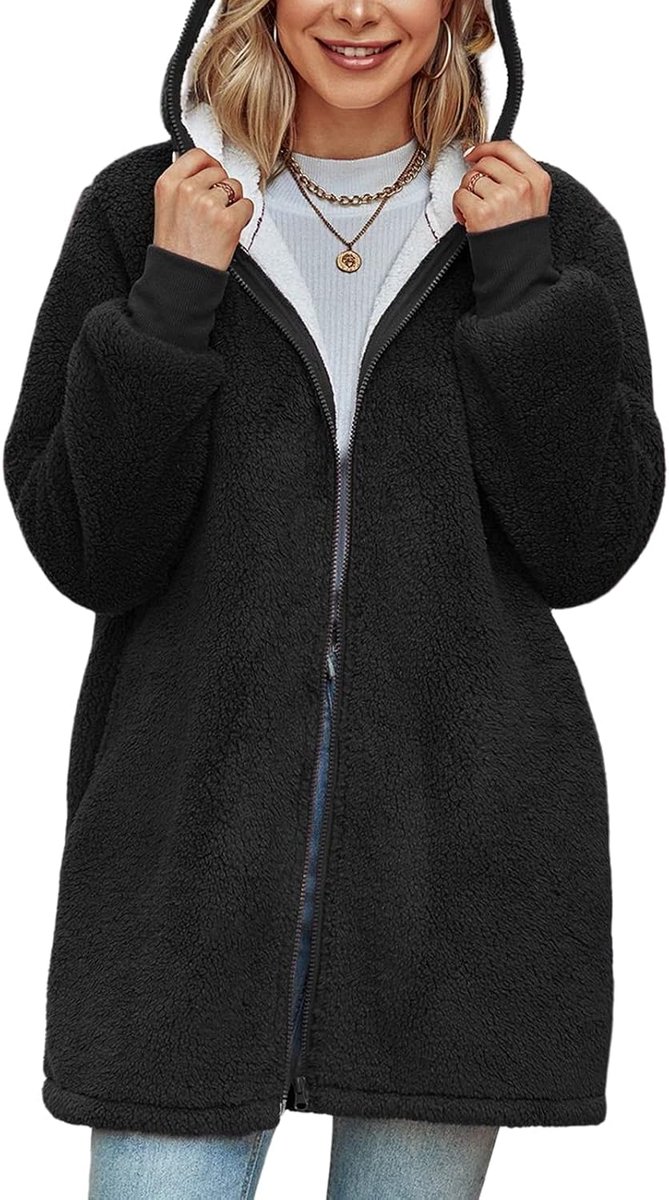 Dames oversized hoodie teddy fleece winterjassen vest volledige rits capuchon lange mouw warme jas sherpa uitloper met zakken dames fuzzy effen tops