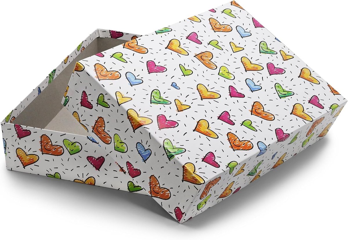 opberg- en geschenkdozen DIN A4, motief kleurrijke harten overtrokken, 302 x 213 x 70 mm, 1 stuk