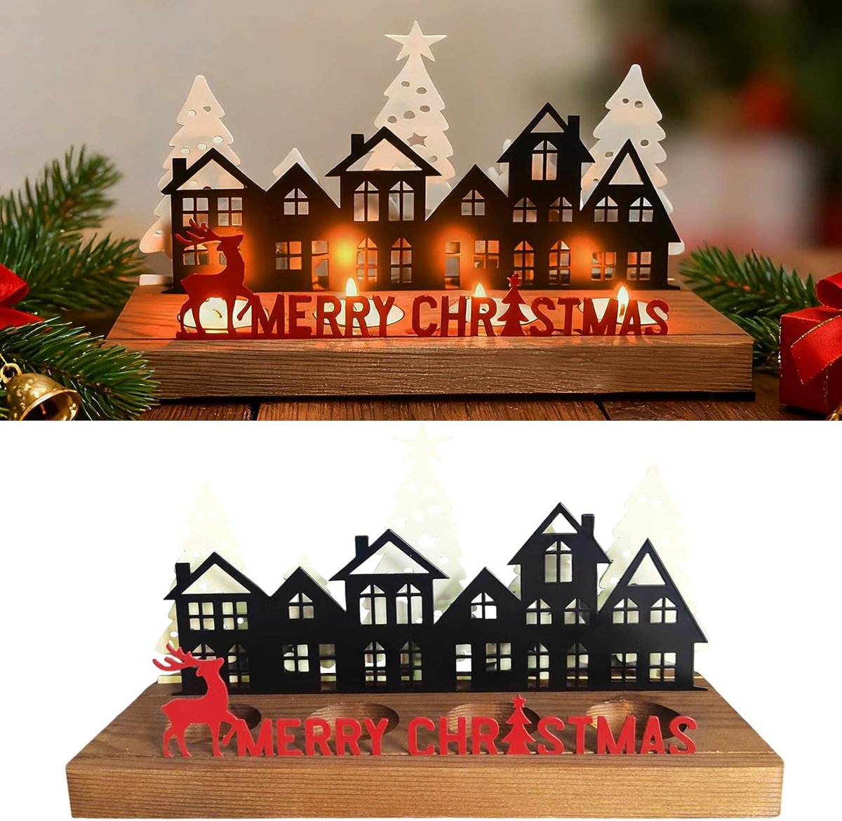 Kandelaar, advent kandelaar, Merry Christmas adventskrans theelichthouder, kaarsenhouder adventskrans voor 4 theelichtjes, kandelaar met metalen kaarsenborden voor Kerstmis