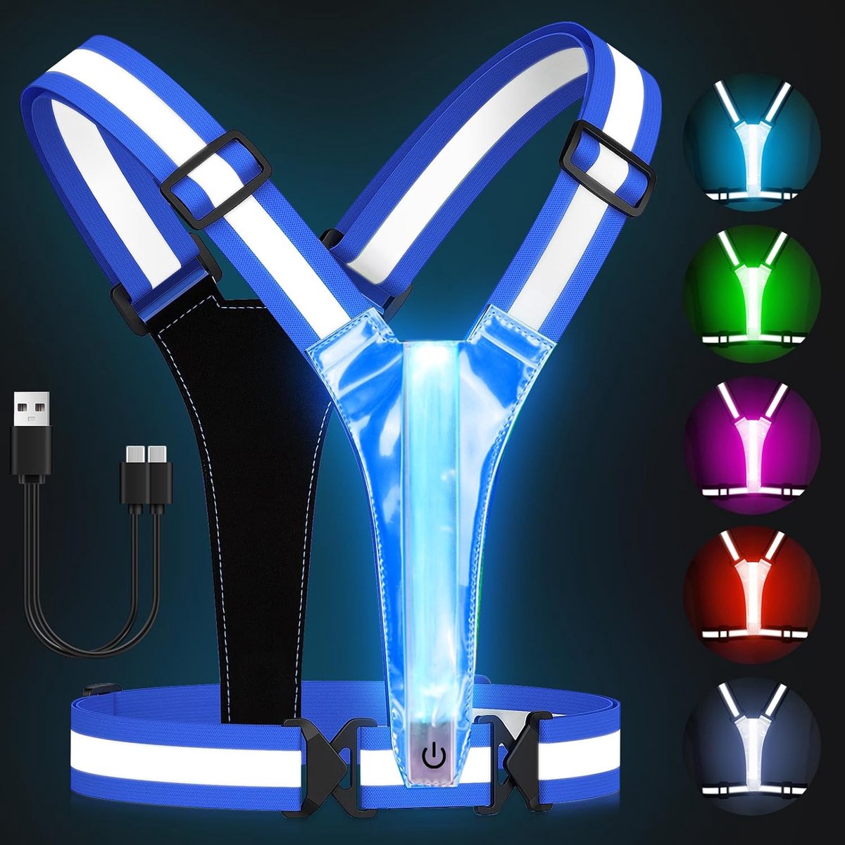 Reflecterend vest met leds, USB, 5 kleuren, instelbare verlichting, hoge zichtbaarheid, elastische reflector vest voor hardlopen, wandelen, fietsen, motorfiets.