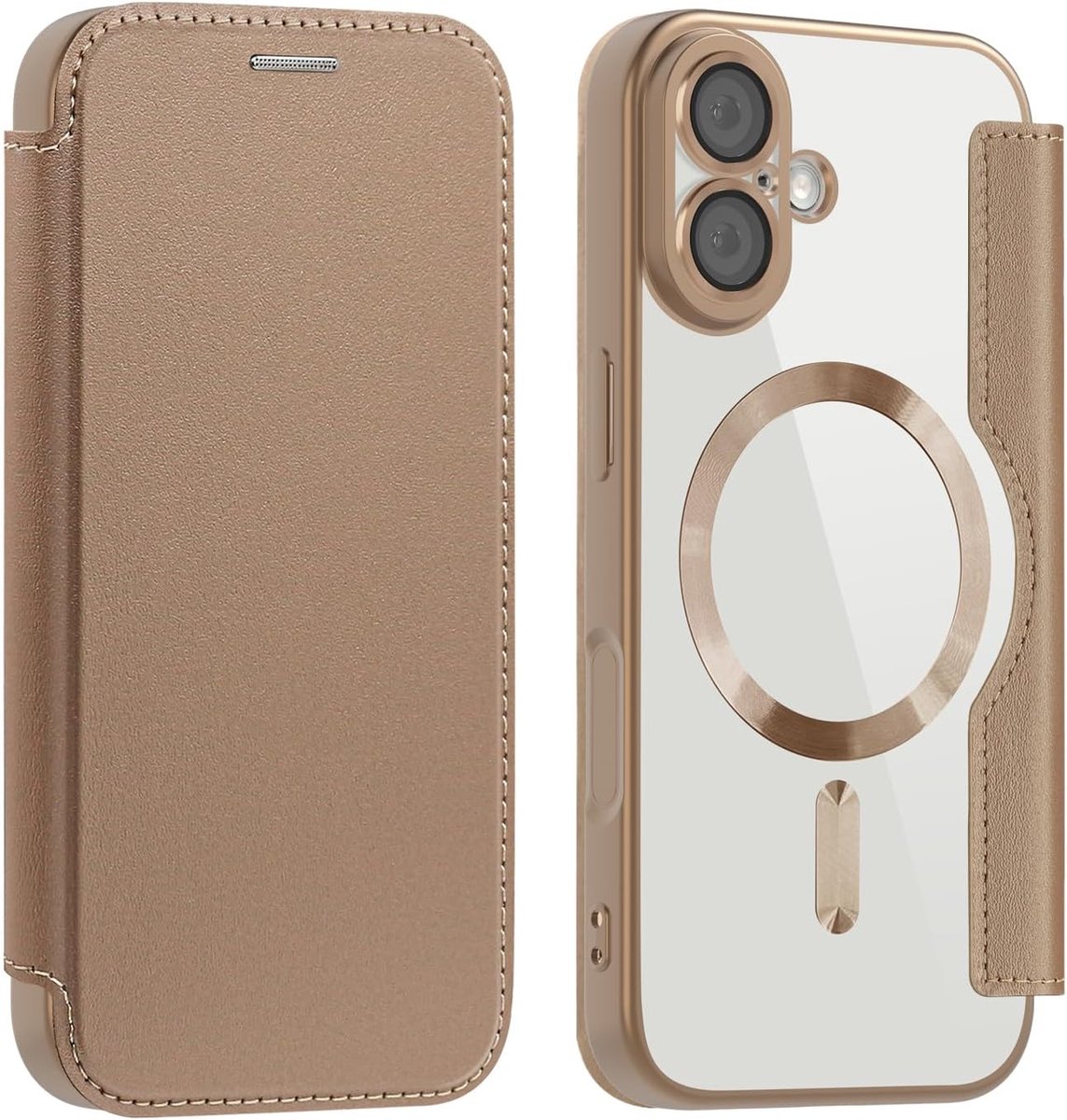 beschermhoes voor iPhone 17, flip beschermhoes van PU-leer met kaartsleuf, compatibel met draadloos opladen, camerabescherming, transparante hoes, goud