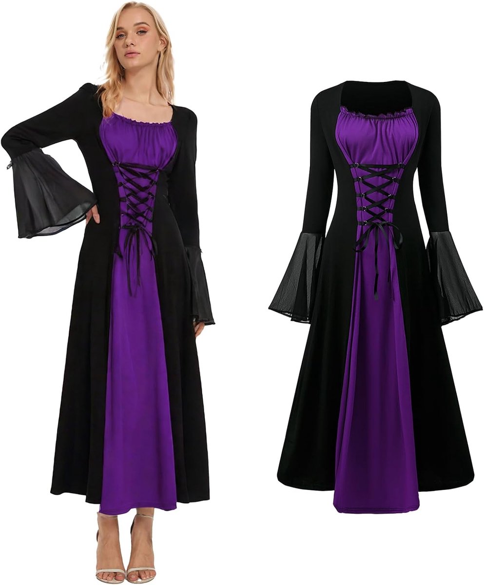 Renaissance-jurk voor dames, middeleeuws kostuum voor dames, met trompetmouwen, gothic, Victoriaanse jurk, voor carnaval, Halloween, feest