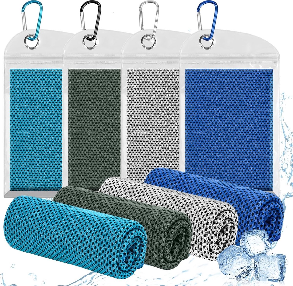 Set van 4 Koeltowels van Microvezel voor Nek en Gezicht, Ademend Sporthanddoeken met Waterdichte Tas en Carabiner, Ideaal voor Gym, Hardlopen, Yoga en Reizen