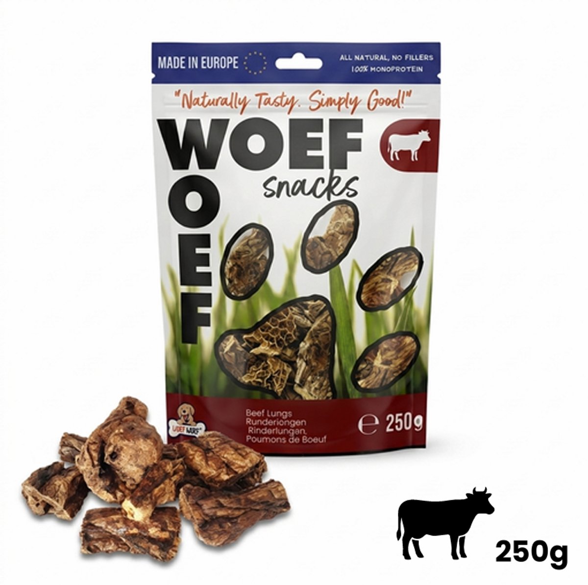 Woef Woef Snacks Hondensnacks Runderlongen - 250 Gram - Kauwsnacks - Gedroogd vlees - Rund - Honden vanaf 8kg - Geen toevoegingen