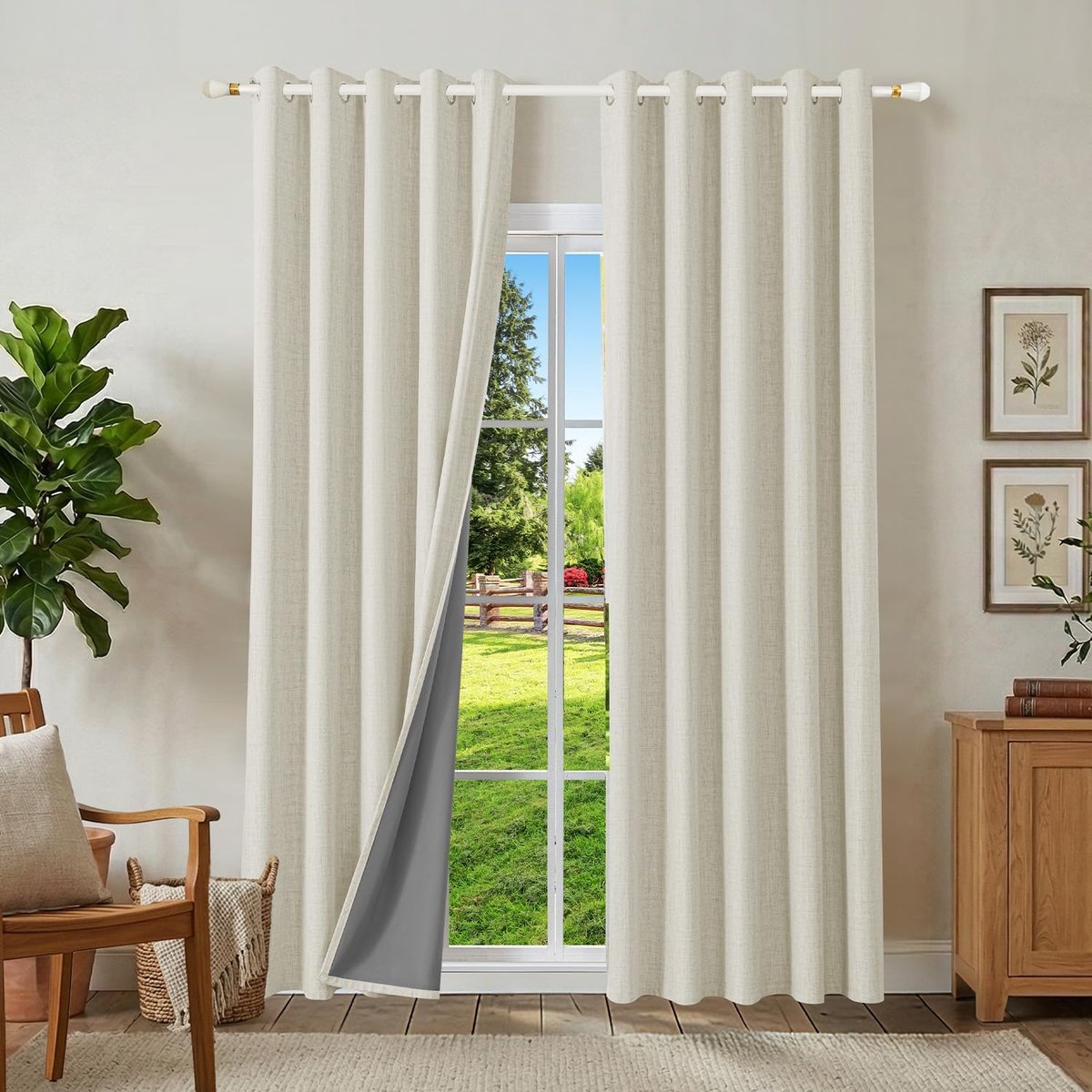 100% Verduisteringsgordijnen Linnen Gordijnen met Ogen 2-delige Set, Thermogordijn Hittebescherming H 245 x B 160 cm, Linnenlook Gordijnen Ondoorzichtig Lichtbeige Geluidsbescherming voor