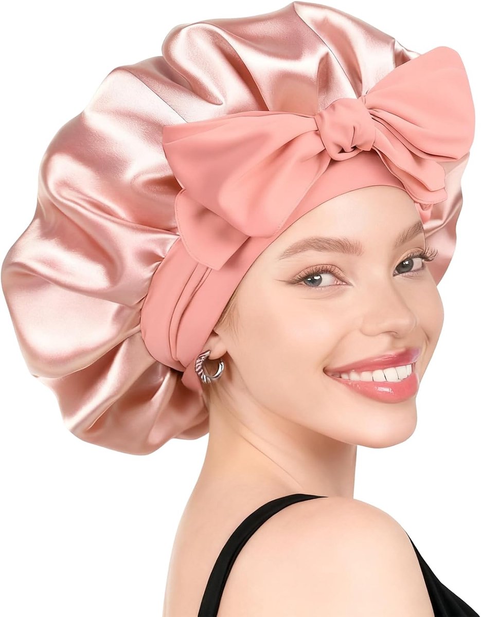 slaapmuts, 42 cm, grote maat, blush pink, fijn afgewerkt polyester met satijnachtige zachtheid, haarbescherming voor lang haar, krullen slapen