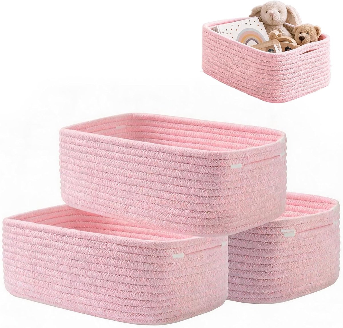 opbergmanden set van 3 van katoenen touw, 30 x 20 x 11 cm (roze)