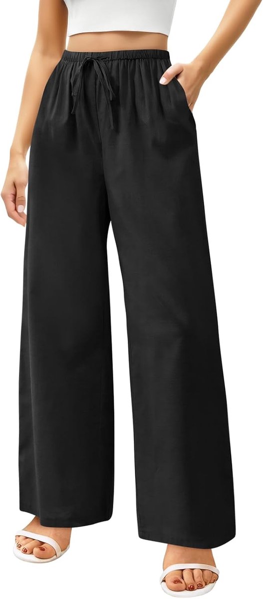 Zomerbroek voor dames, koel, lange broek, linnen, hoge taille, elastisch, brede strandbroek met zakken, licht en comfortabel