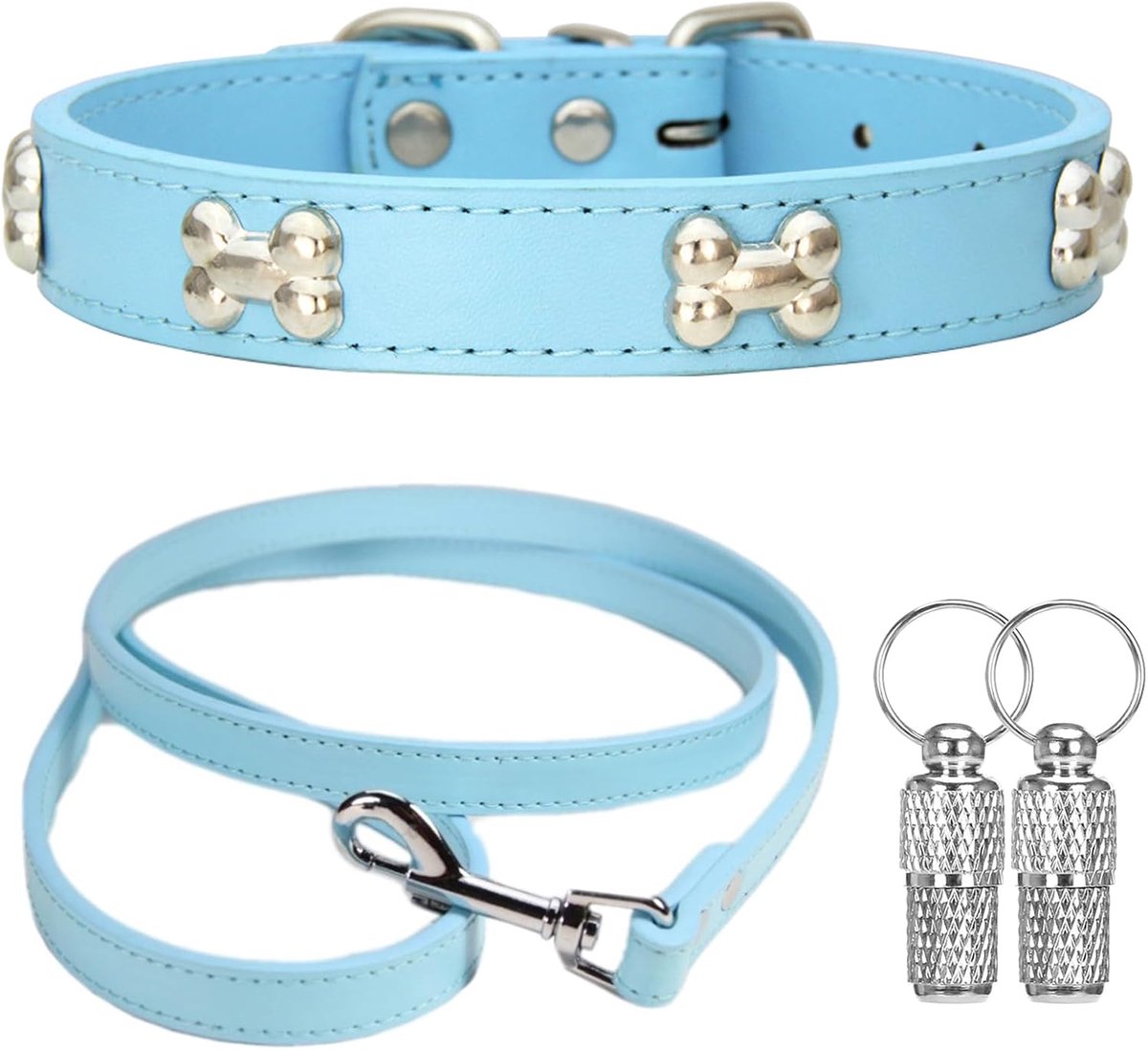Halsband en linnen halsband, hondenhalsband voor kleine honden, leren halsband, geschikt voor kleine, middelgrote grote honden en katten, hemelsblauw, M