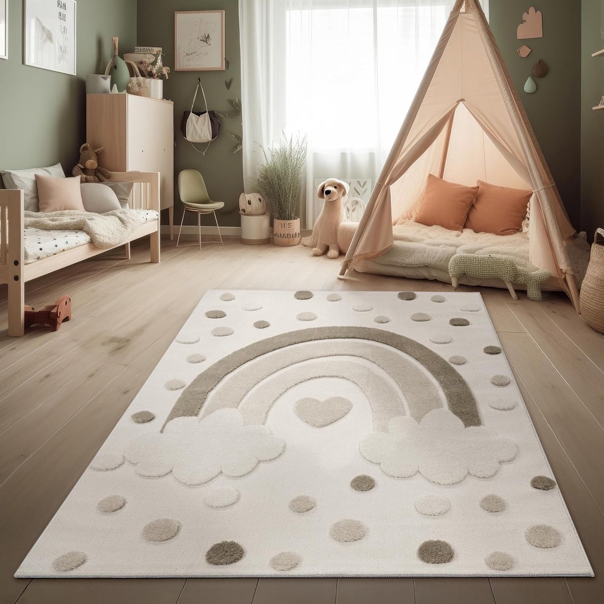 Home Paco Home Kindertapijt Modern speeltapijt Kinderkamer 3D-effect Natuurlijke tinten Zachte pool Robuust & onderhoudsvriendelijk Lussenstructuur Regenboogmotief Crème Zand, Maat:160x220 cm