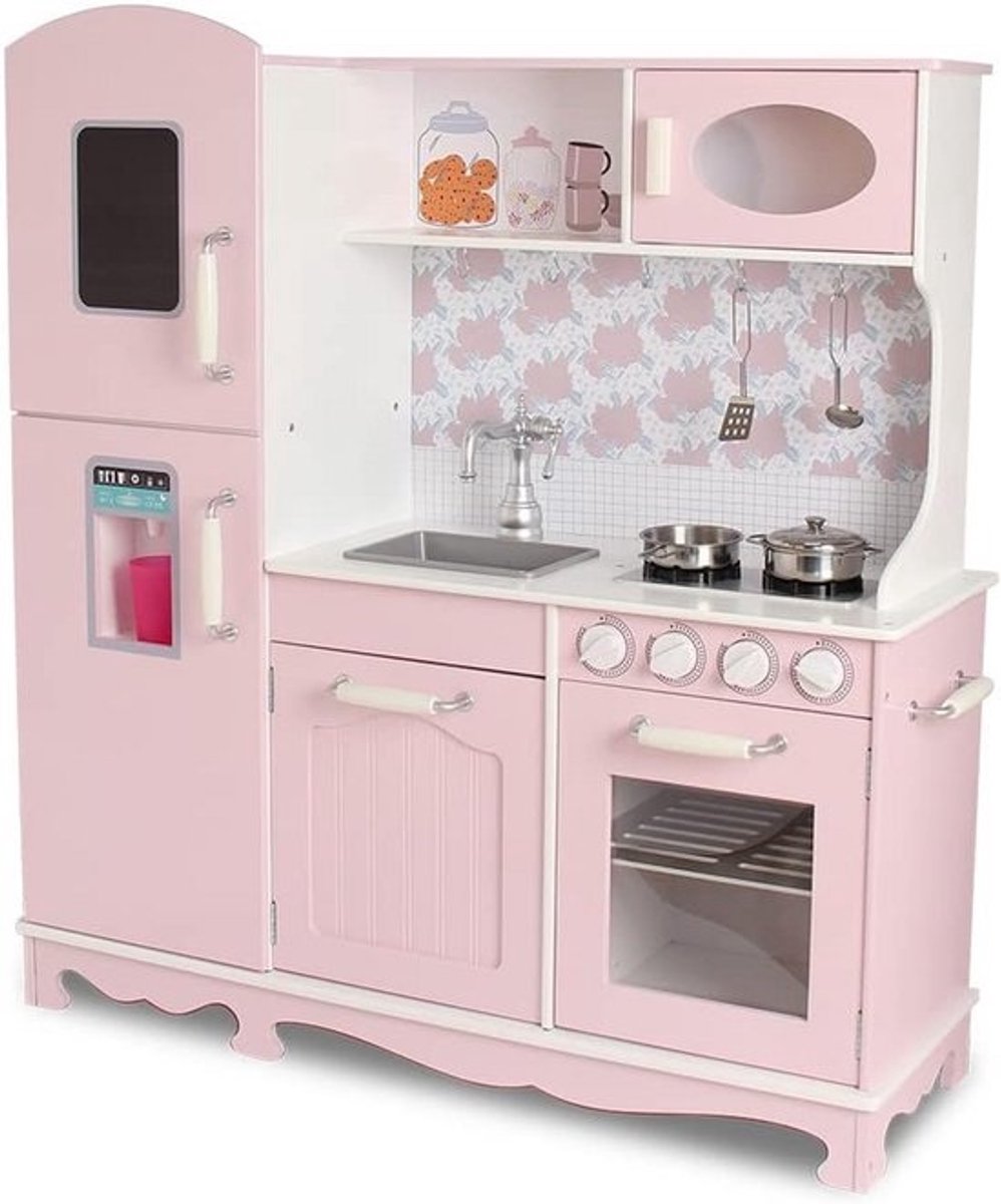 Houten Speelkeuken met 3 Modules, Vintage Design en Grote Opbergruimte, Inclusief Metalen Accessoires