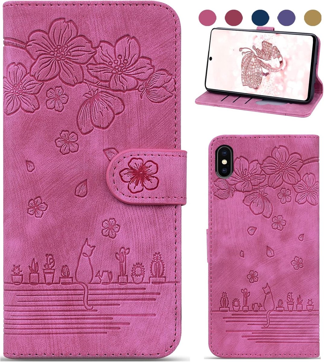 Hoes voor mobiele telefoon voor iPhone X/XS (10/10S), iPhone XS hoes, lederen mobiele telefoon, tas, klaphoes, portefeuille, magneetsluiting, flipcase cover met [standfunctie, kaartenvak] voor iPhone XS - roze