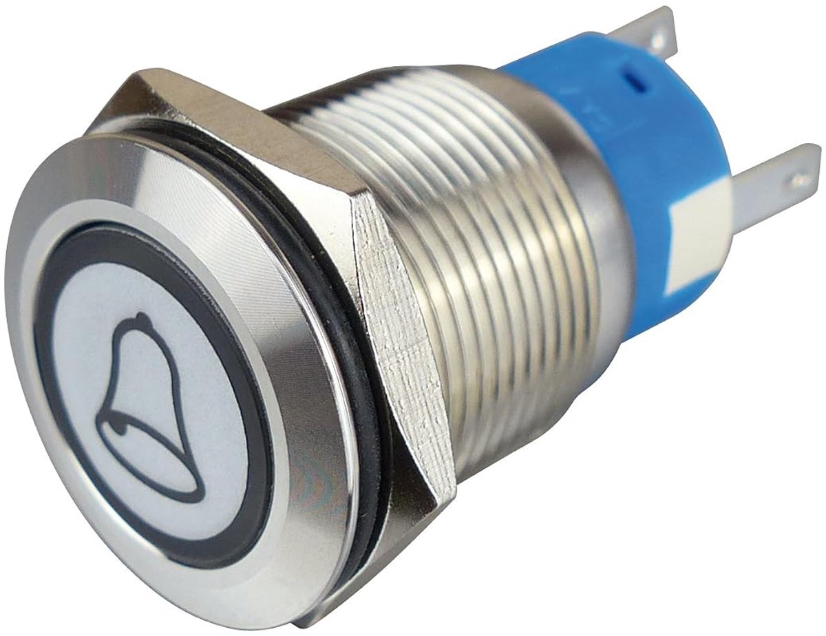 Metalen knop met belsymbool en ringverlichting, opener, 1 x sluiter, wit, 19 mm