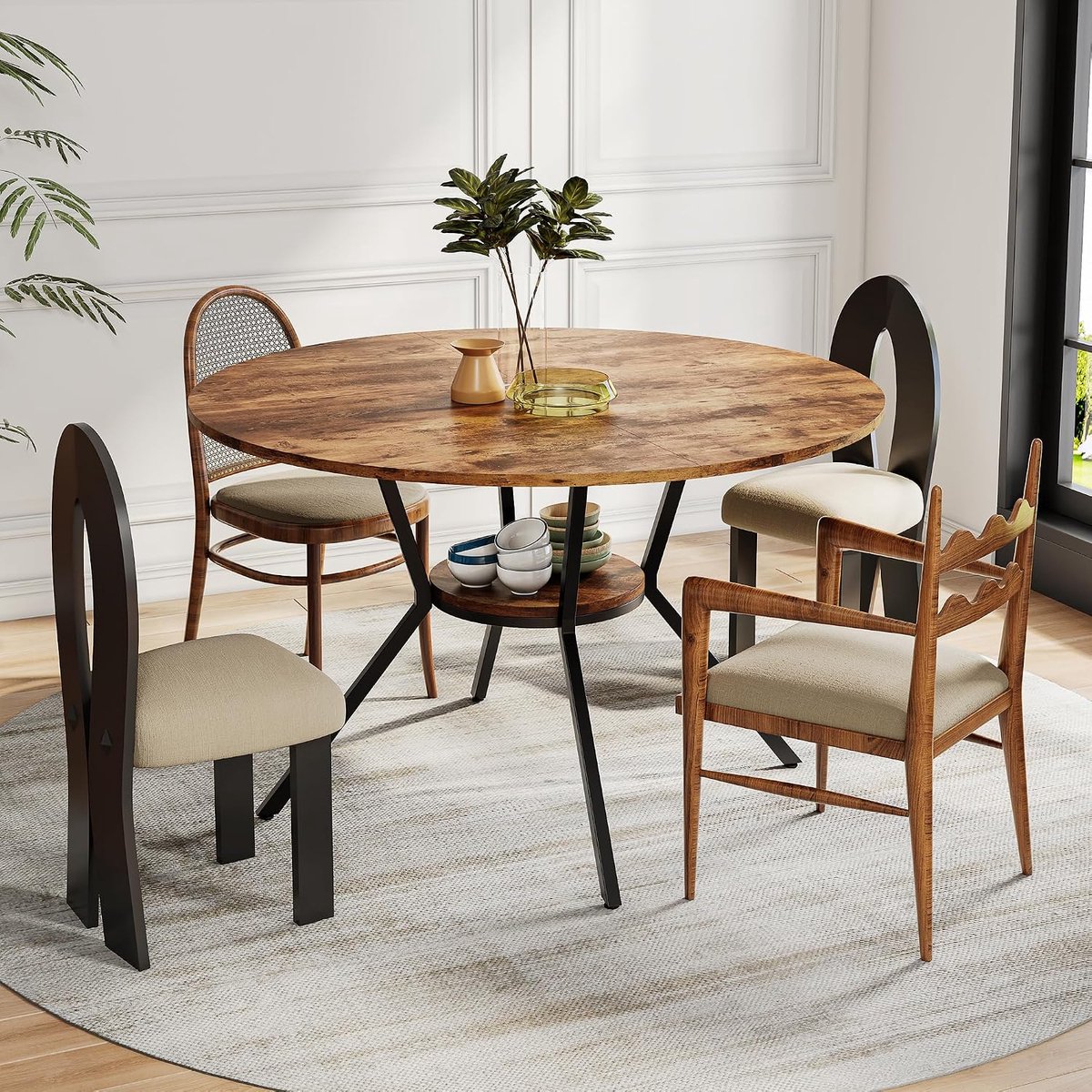 Eettafel voor 4-6 personen, hout, 120 cm, ronde keukentafel, eettafel met 1 open planken, voor eetkamer, keuken, woonkamer, bruin