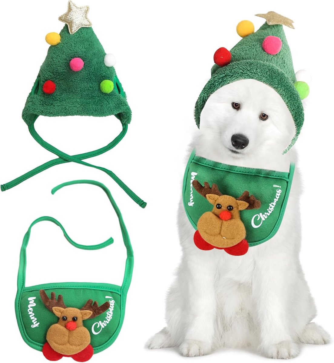 2-delige kerstkledingset voor hond en kat, kerstjurk voor kleine honden en katten, wit rendierkostuum, kerstkleding, cadeau voor huisdieren (groen)