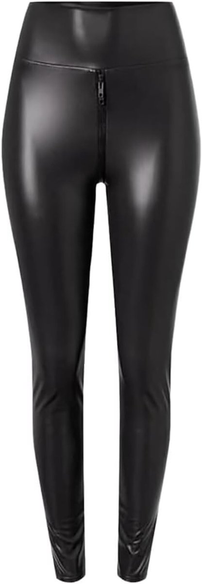 Dameslegging van kunstleer met 2-weg-ritssluiting in het kruis, stretch, leggings van mat leer, kunstleren broek, zwart