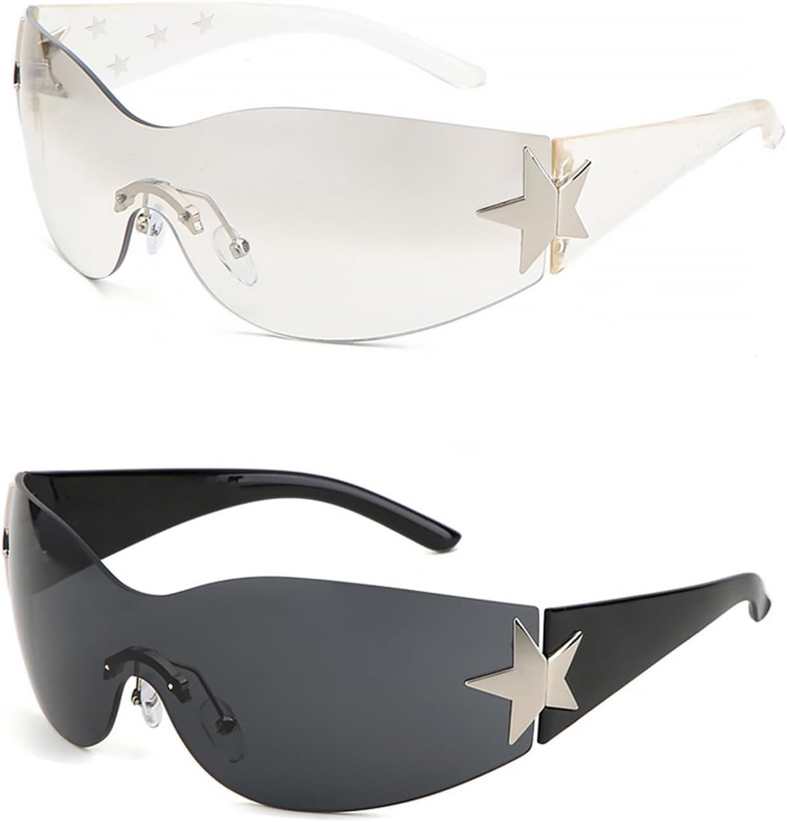 Zonnebrillen Y2K Wrap Around voor dames en heren, frameloze, mode met ster, oversized glazen, voor buiten