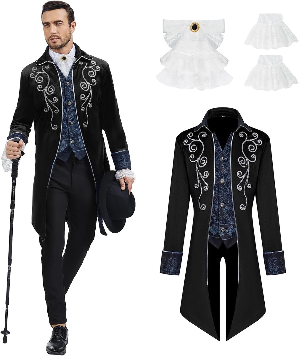Steampunk-jas voor heren, middeleeuws gothic fluwelen borduurwerk staartjas, Victoriaanse geklede uniform voor steampunk-thema en dansfeest, Halloween