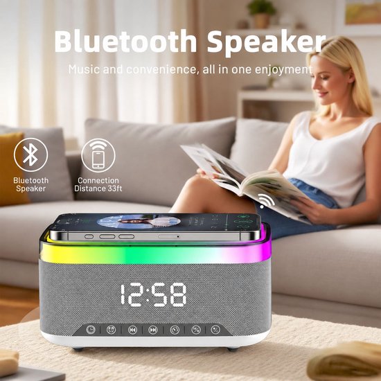 VHV - 5-in-1 Wireless LED Speaker - Draadloos - Bluetooth Speaker - 6 Ambient-lampen - Digitale klok, LED-display - Draadloze Muziek Box - Draadloze Oplader - Wireless charger - GSM Lader - voor iPhone/Android/iPad/Samsung van VHV — afbeelding 2