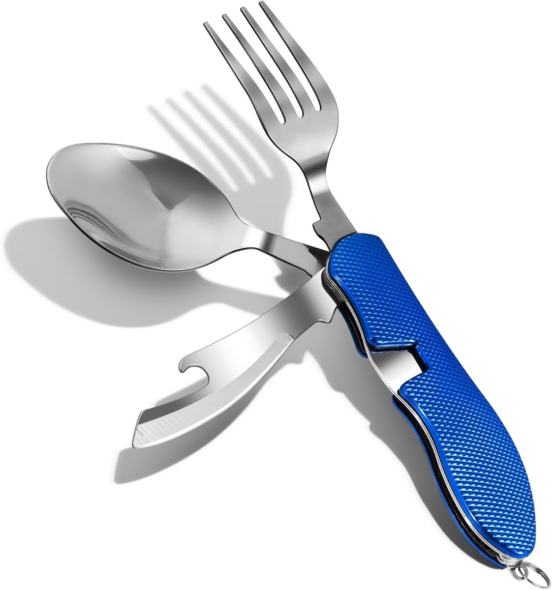 Bestek Roestvrij Staal - Opvouwbaar Camping Bestek met Mes, Vork, Lepel & Flesopener voor Outdoor, Reizen en Survival - Blauw