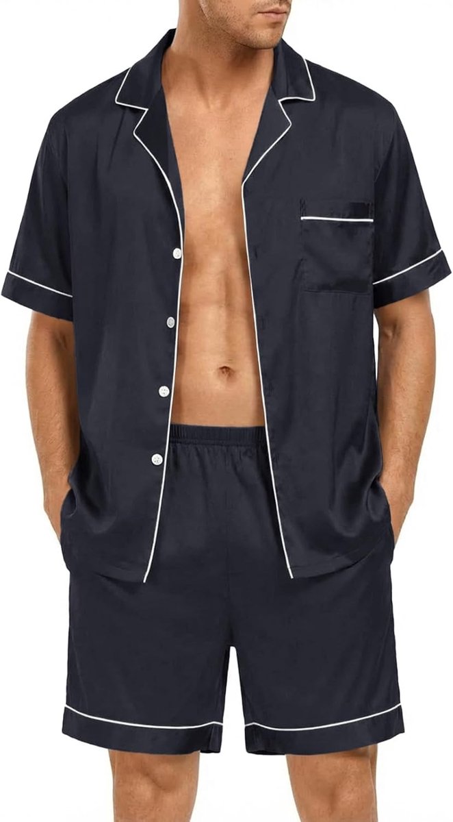 Pyjama heren kort satijn tweedelige pyjama set korte mouwen knoopsluiting overhemden en effen pyjamashort mannen zomer nachtkleding huispak