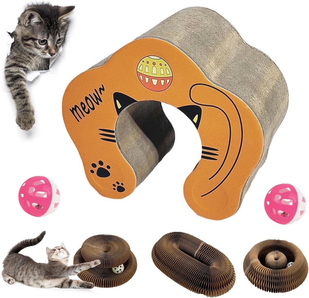 "Magic Organ Cat Scratching Board, accordeon speelgoed voor ronde katten, interactief kattenspeelgoed, kattengras, krabplank voor katten, verstelbaar (2 muntbellenballen)"