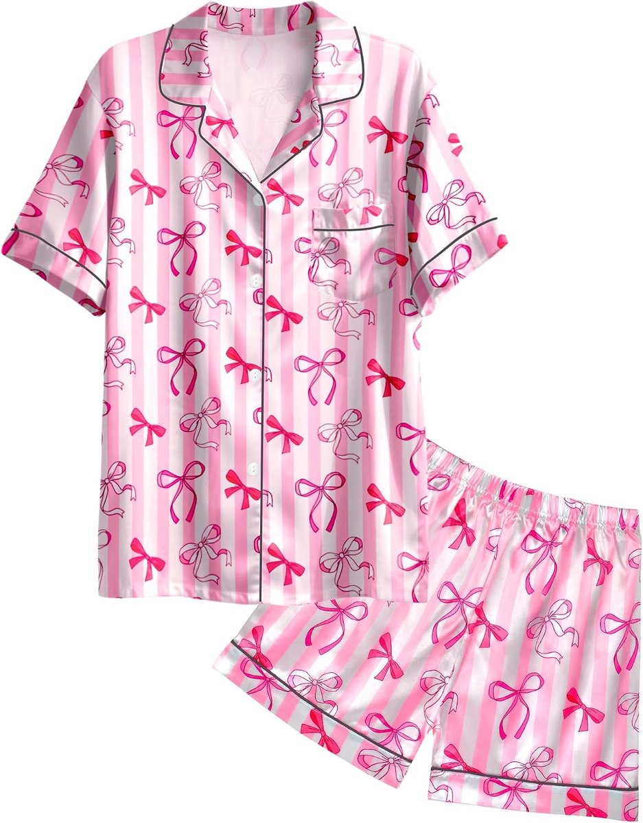 Pyjama Satijn Pyjama Set Zijden Pjs Korte Mouw Button Down Zomer Boog Nachtkleding voor Grote Kinderen 7-14Y
