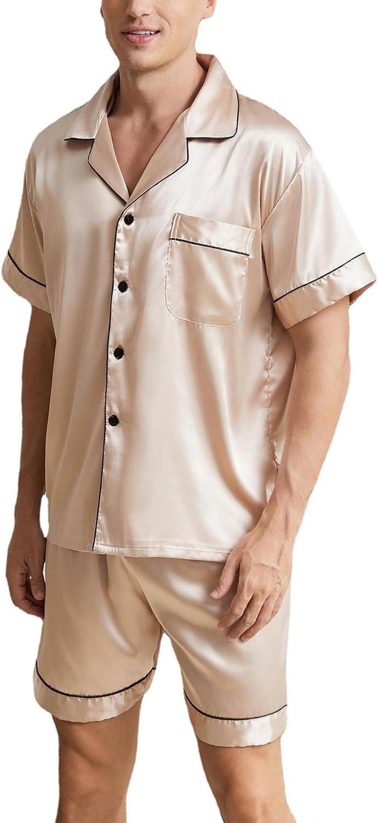 Pyjamasets voor heren van zijdesatijn met korte mouwen en klassieke shorts met knoopsluiting, comfortabel, zacht, tweedelige nachtkleding