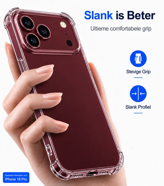 Transparante hoesje met stevige grip en slank profiel, gedragen door een hand.