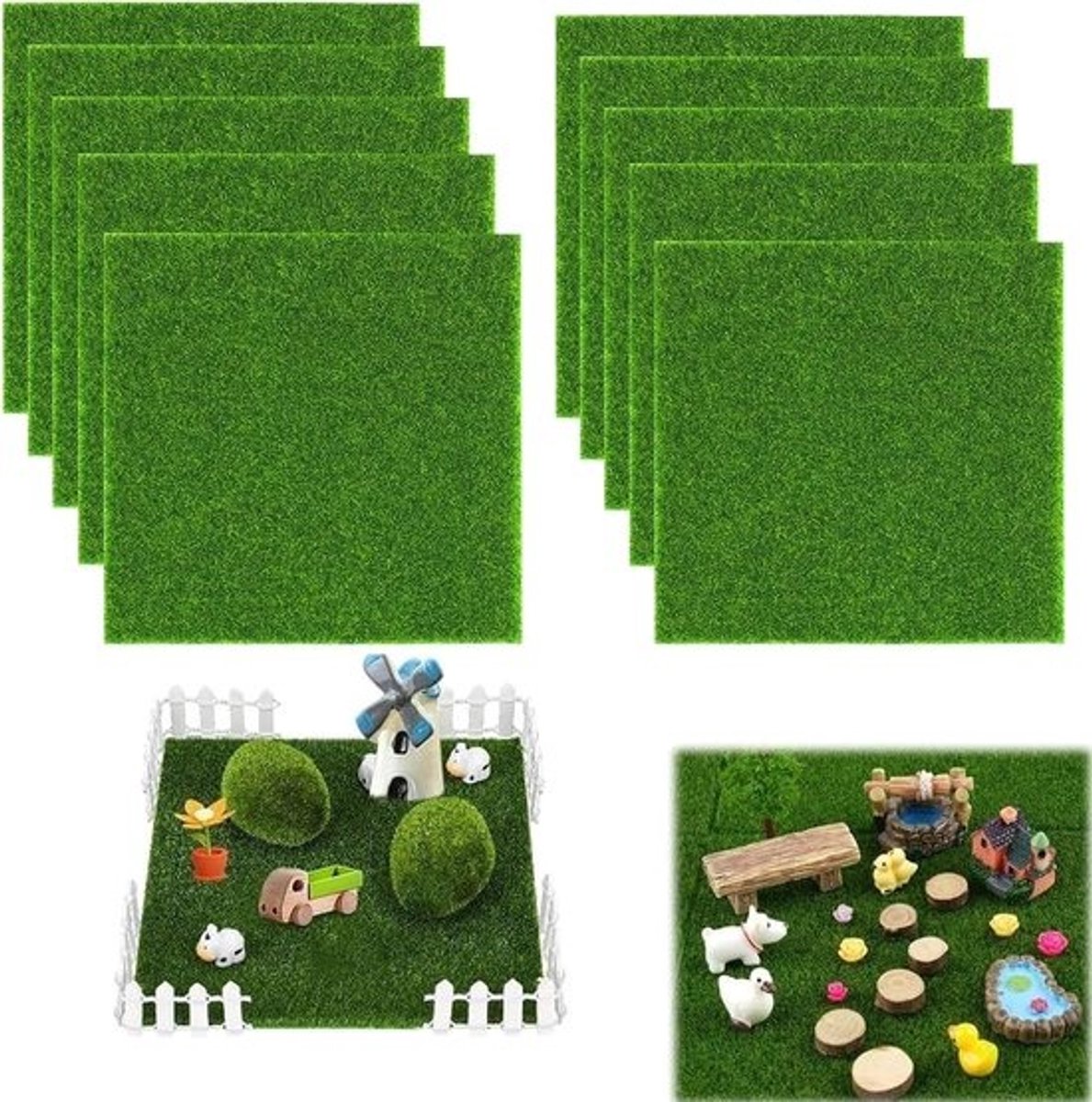 Kunstgras Matten - Miniatuur Gras - Tuin Decoratie - Weerbestendig Materiaal - 10 Stuks 15x15cm - Groen