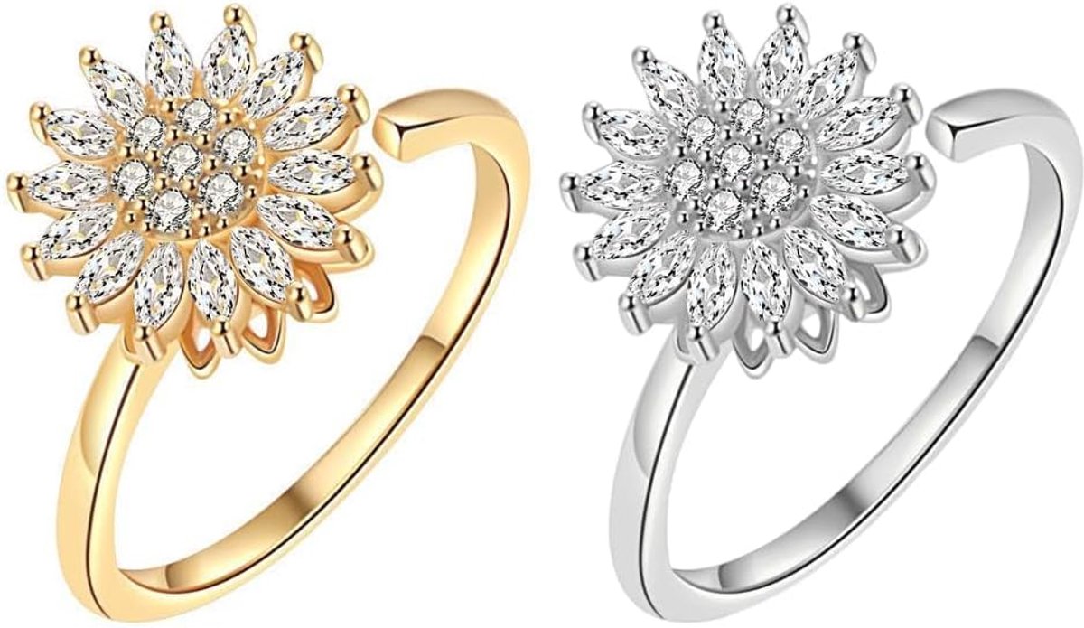 2 stuks zonnebloemring, anti-stress ring, draaibare bloemenring, angst, fidget spinner ring, fidgetring, vingersieraden voor dames