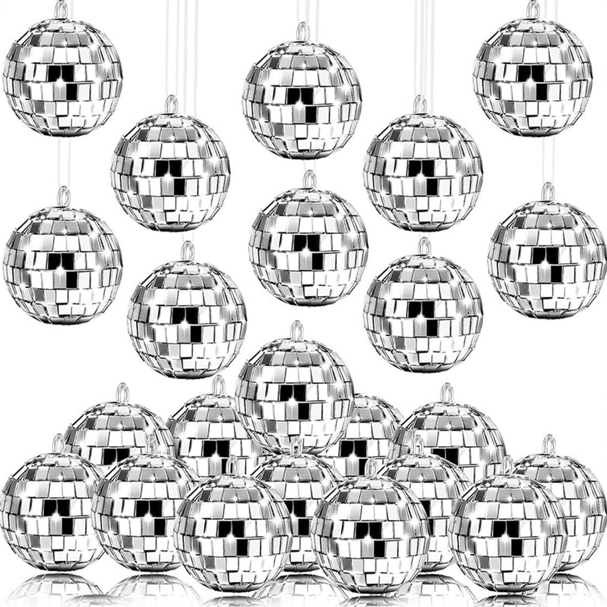 20 stuks, zilveren discoballen om op te hangen, herbruikbaar, reflecterende bal, discospiegel, discobal, discobal, jaren 70, kerstballen, voor bruiloft en feestelijke evenementen