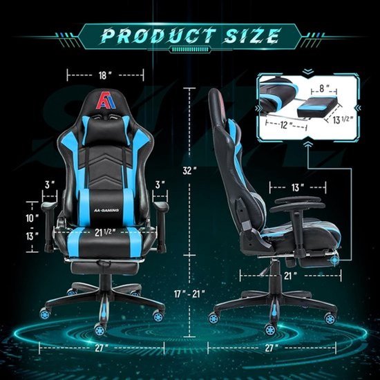 Ergonomische Gamingstoel met Voetsteun en Lendensteun - Verstelbare Bureaustoel Racestoel Zwart Blauw — afbeelding 3