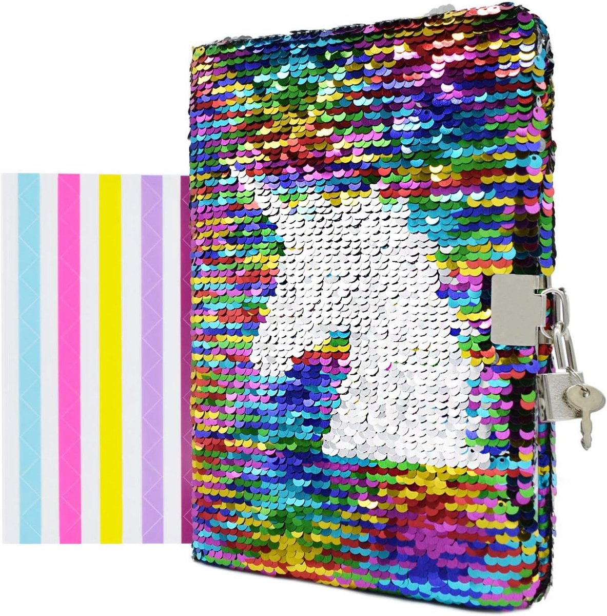 Notitieboek Omkeerbare Pailletten A5 - Regenboog naar Zilver - Met Slot en Sleutel - Perfect voor Creatieve Kinderen - ShopVlot