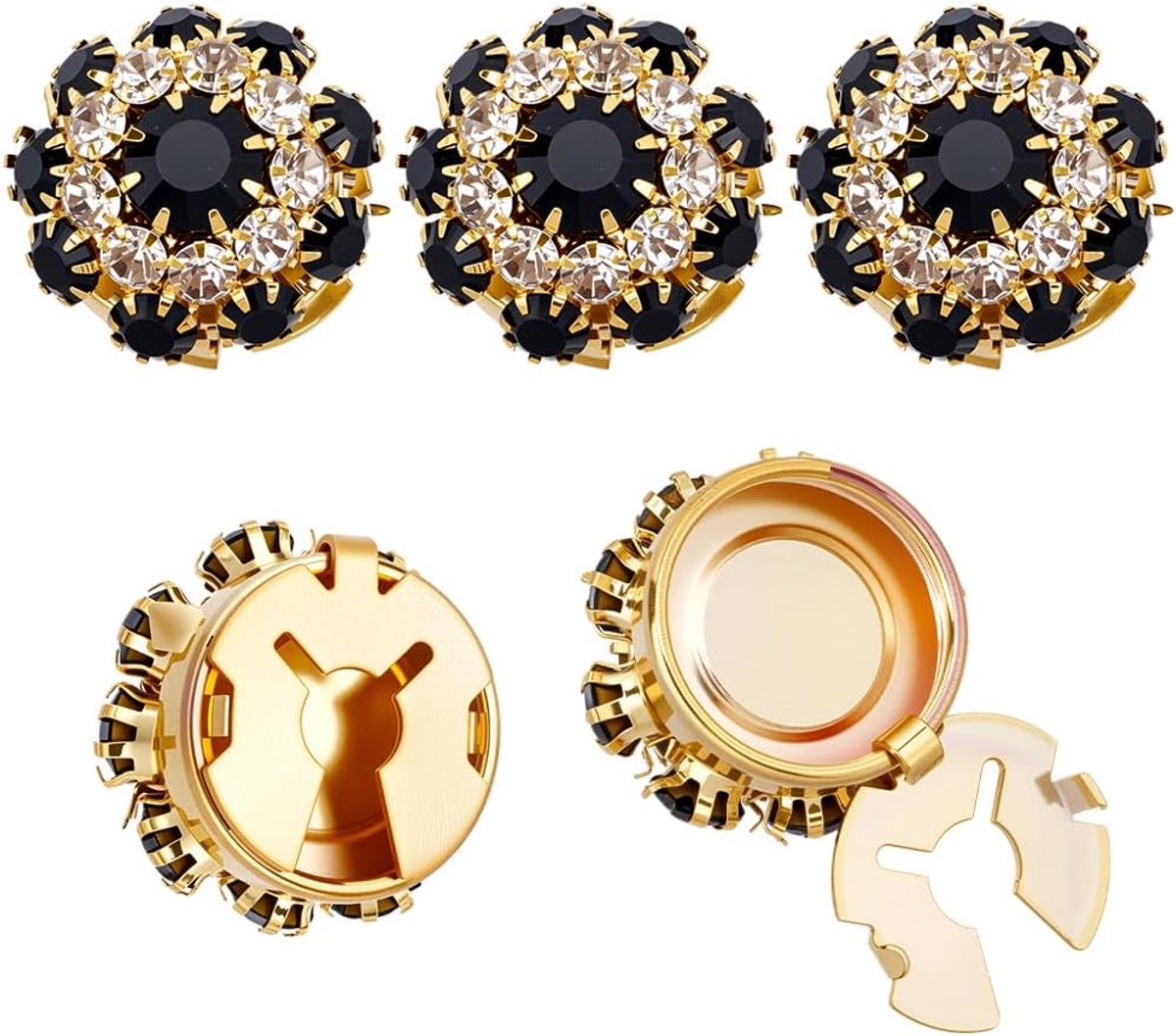 5 Stuks Strass Gouden Knop Covers Crystal Sieraden Decoratieve Afneembare Snap On Paddestoel Vormige Gespen Zwarte Strass Manchetknopen Voor Vrouwen Jeans Shirt Shalws Capes Kledingstuk