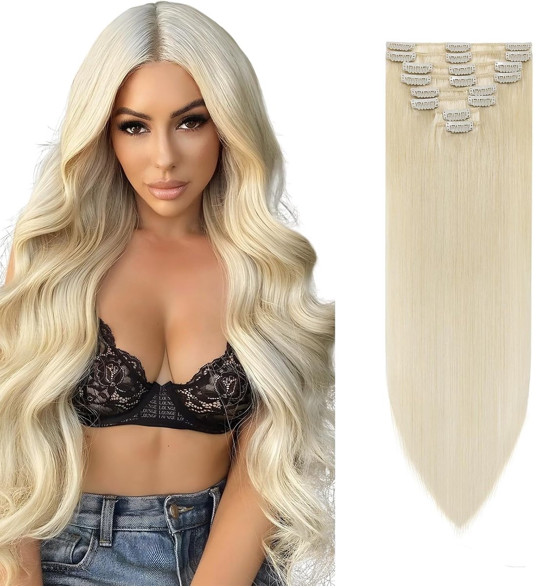 Haarextensies, echt haar, 8 clip-in extensies, 30 cm, #60 platinablond